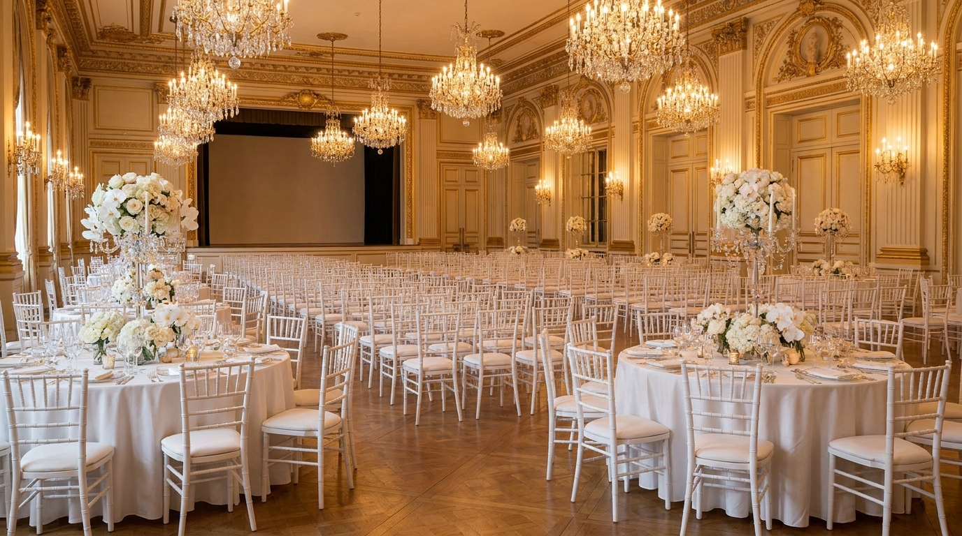 iznajmljivanje stolica za svadbu u Novom Sadu - elegantna sala sa Chiavari stolicama